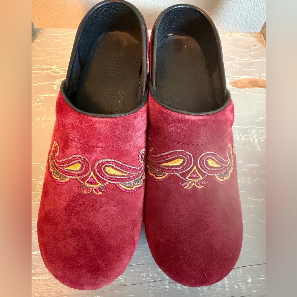 Sanita Burgundy Suede Mules with Gold Embroidered Accent